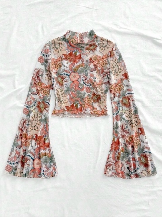 Tops - Floral Bell-Sleeve Mesh Top - Rust Multi